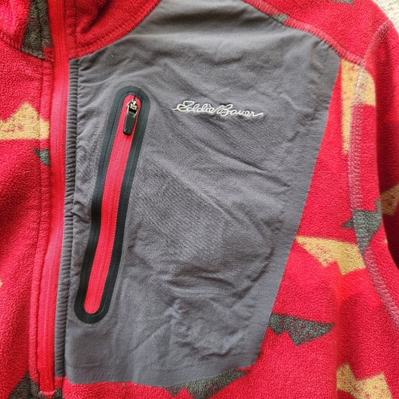 EDDIE BAUER Mens Pullover Medium Red Fleece Quarter Zip Geometric Pocket - Picture 11 of 13